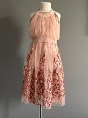 Rose Gold  CurtainCall  Embroidered Dance Costume w/Halter Neck Foral hair piece